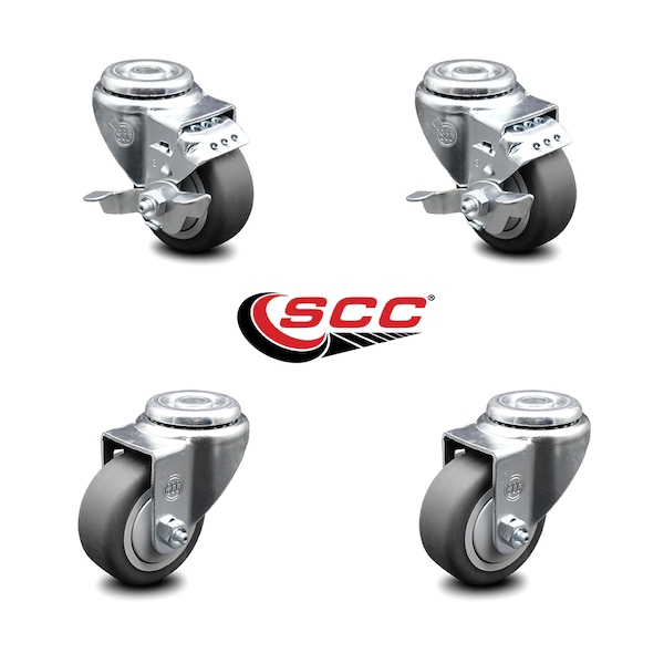 3.5 Inch Thermoplastic Rubber Wheel Swivel Bolt Hole Caster Set with 2 Brake SCC